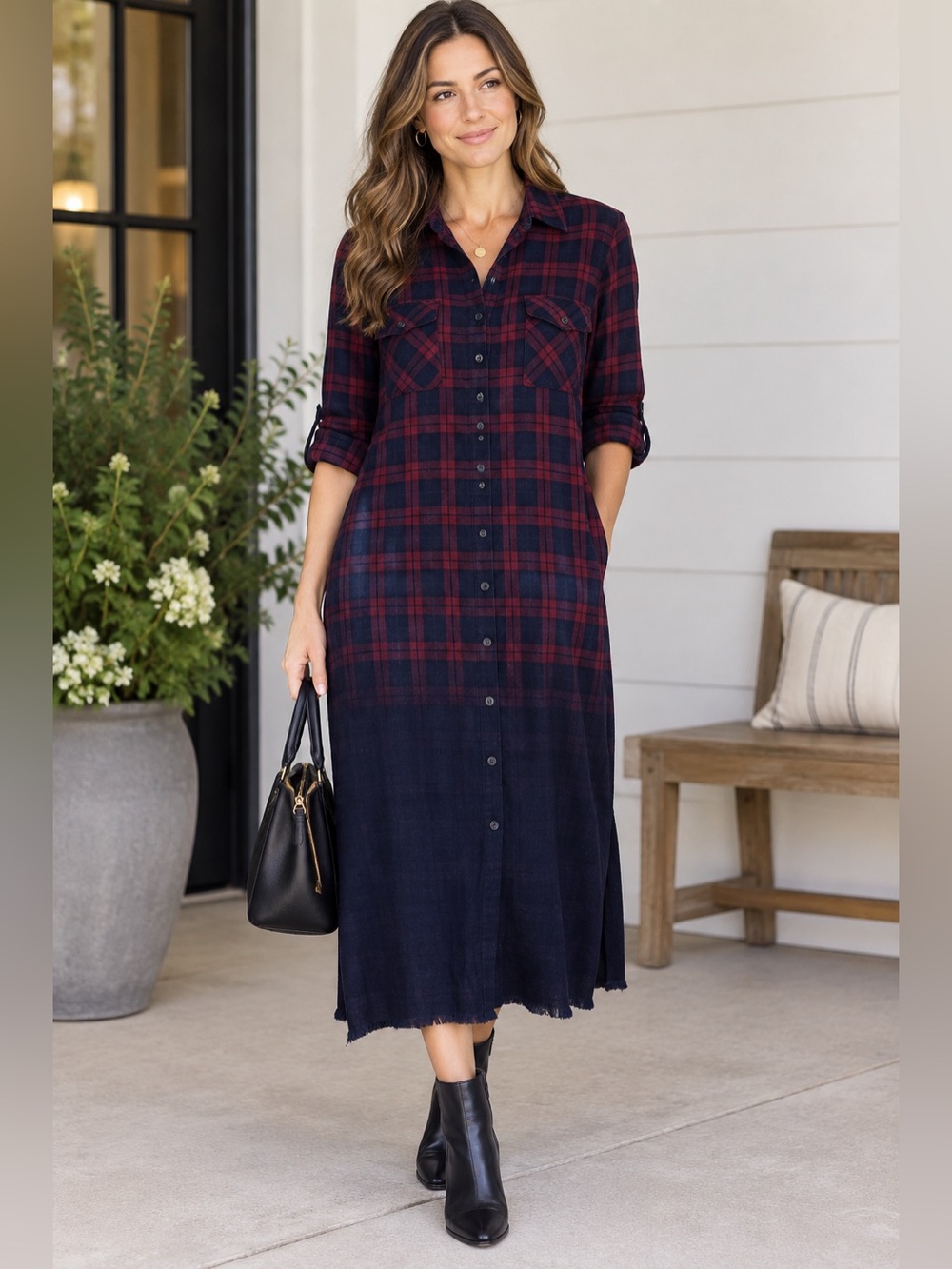 Dear John “American Classic” Flannel Ombre Distressed Hem Shirt Dress